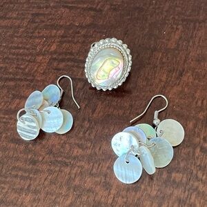 VTG Abalone Shell Dangle Earrings Adjustable Ring Mother Of Pearl Silver Tone
